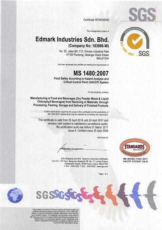 MS 1480 / HACCP — certificat officiel EDMARK